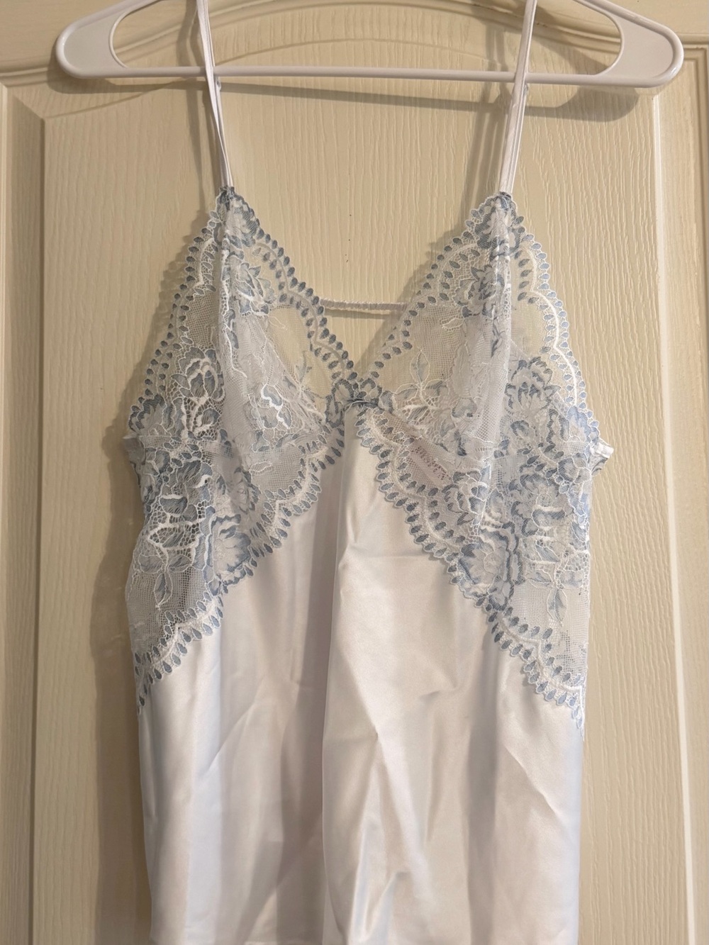 Satin Lace-Trim Cami in Light Blue and White